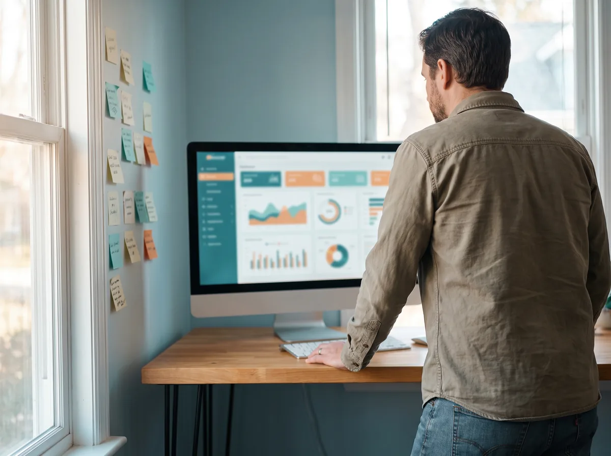 Founder at a standing desk reviewing an AI agent listing dashboard