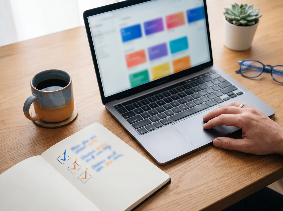 Laptop showing a grid of AI agent profiles next to a handwritten shortlist
