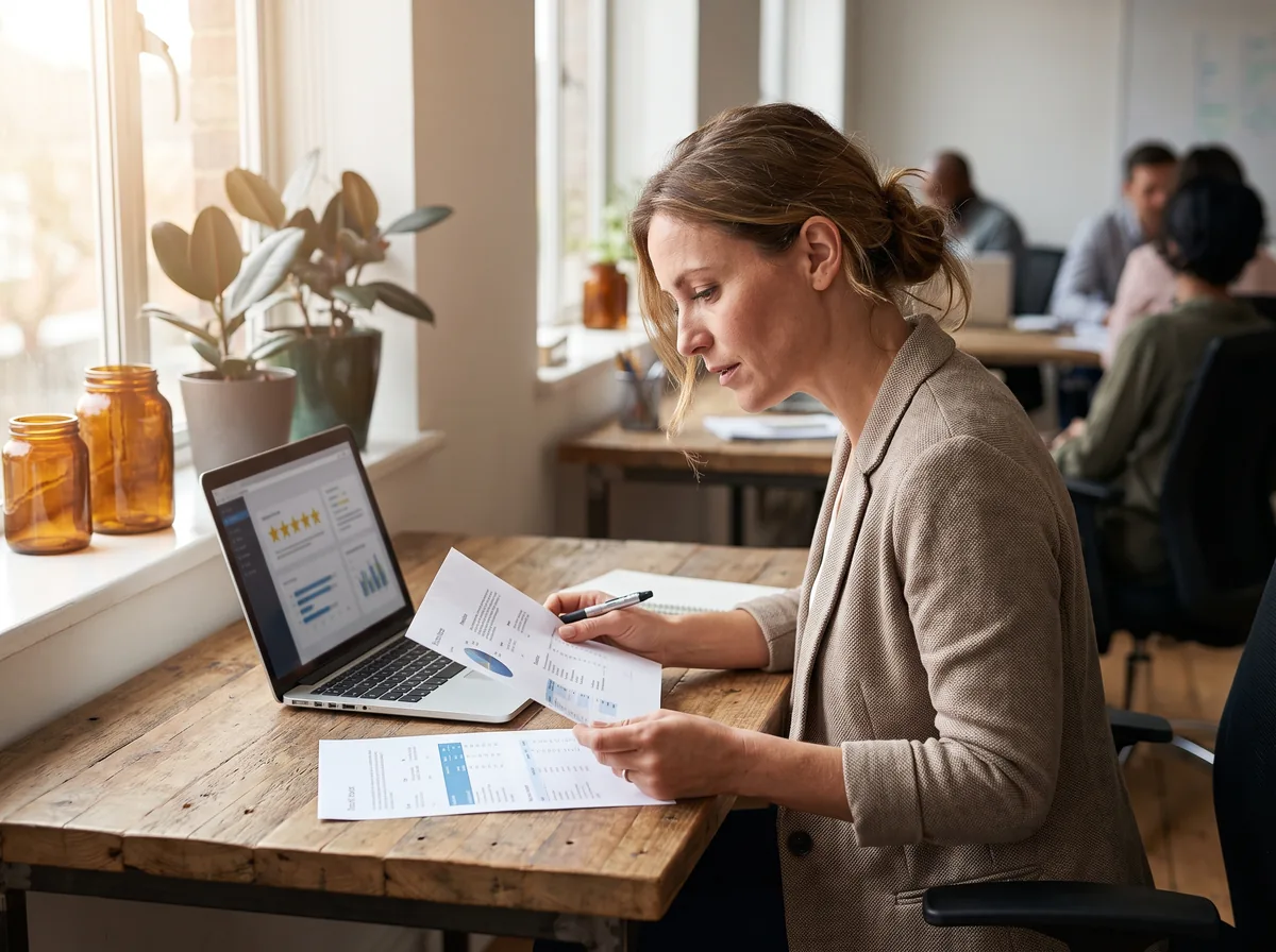 Marketing lead comparing software review site price sheets at a desk