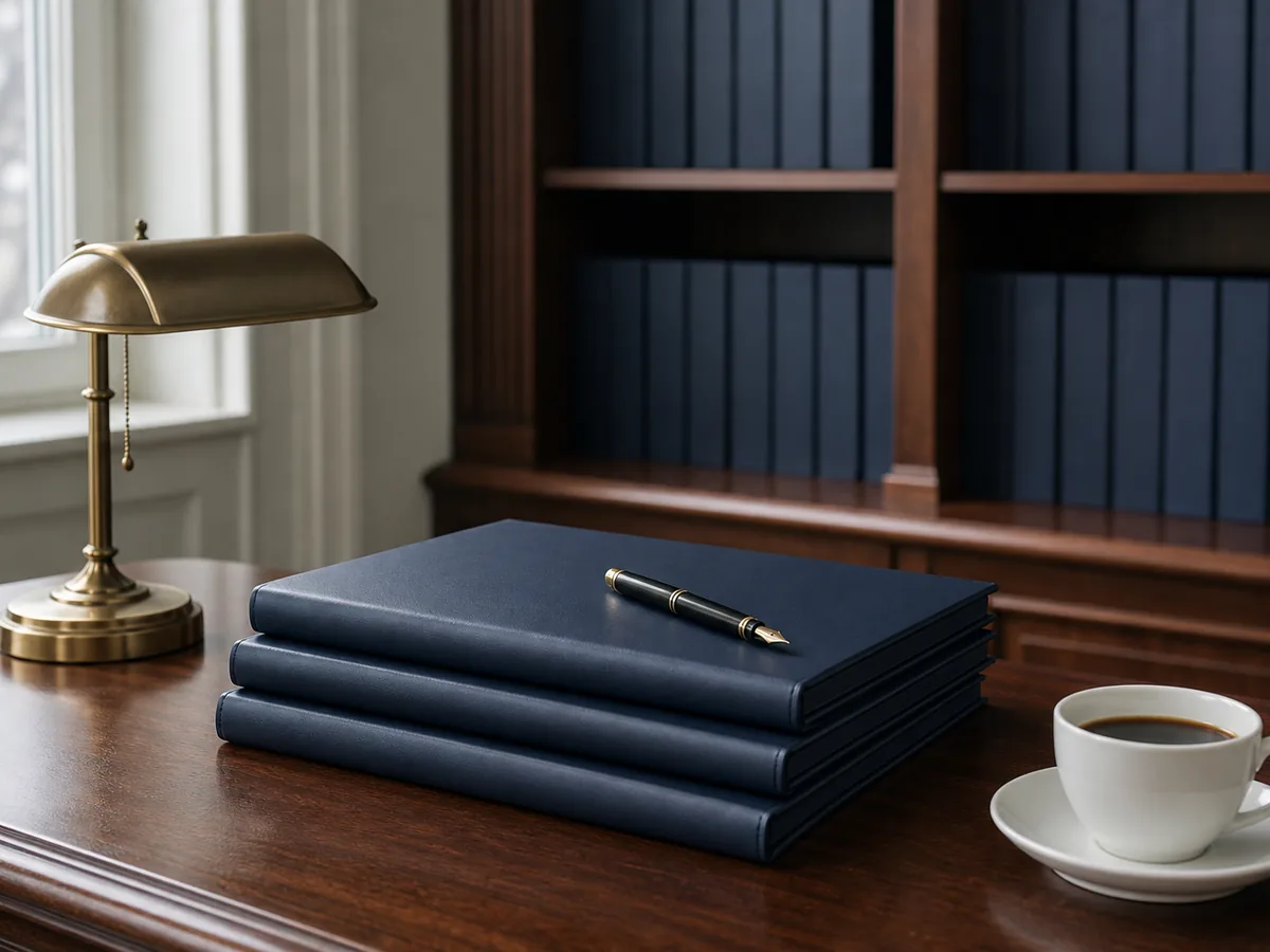 Quiet review office with closed navy dossiers and a fountain pen on a walnut desk