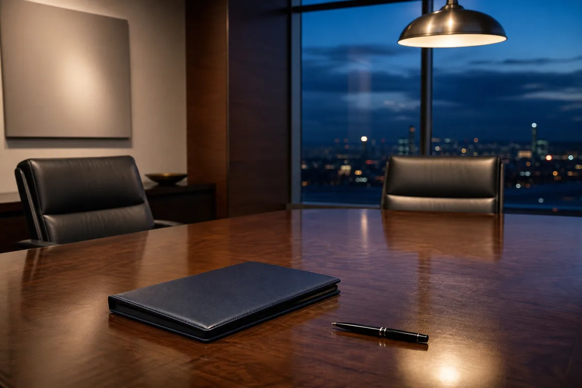 Walnut boardroom table with a closed navy portfolio and a fountain pen, ready for a vendor meeting