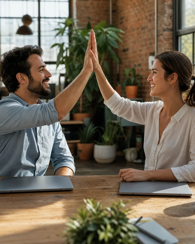 Two founders celebrating a product launch at their desk