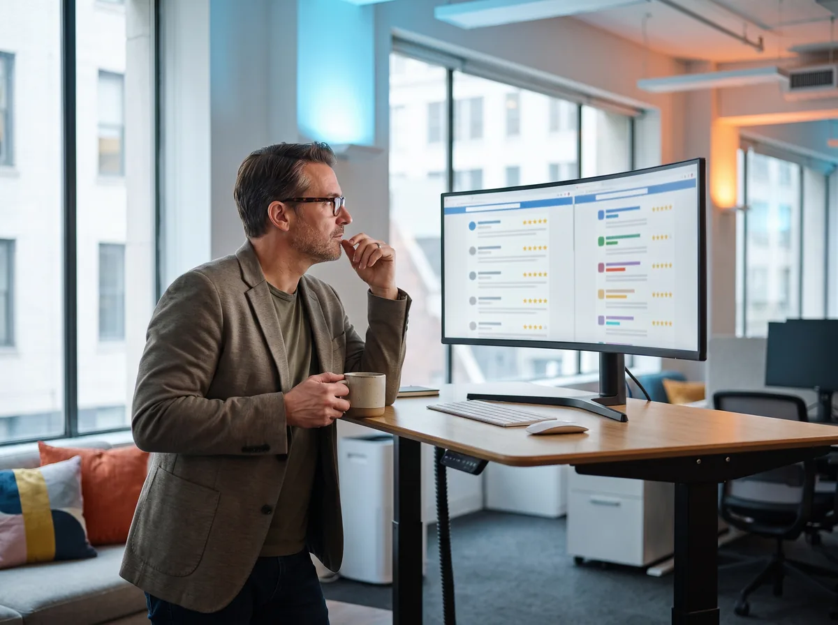 Software vendor with a coffee reading review site listings on a large monitor