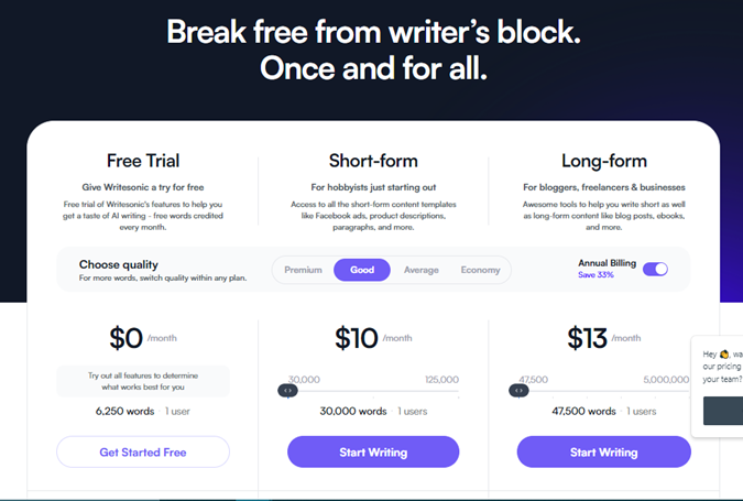 pricing of Write Sonic - top AI writer tool